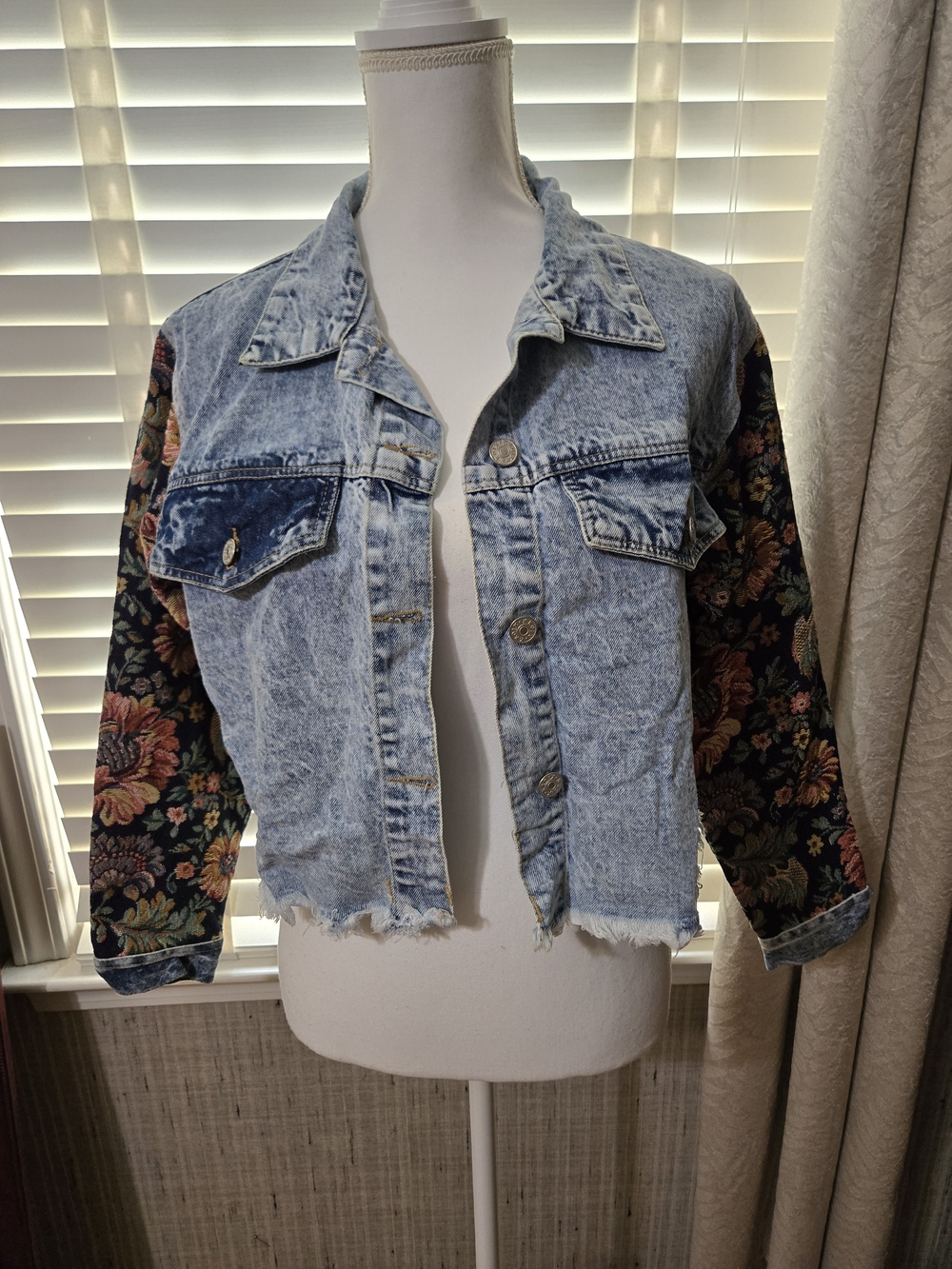 Upcycled Cropped Distressed Denim Jacket with Floral Tapestry Sleeves Sz M